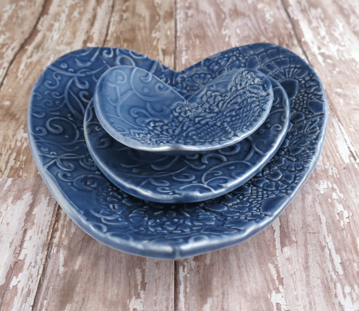 Pottery Heart Dishes Set of 3 Blue Ceramic Heart Plate Set