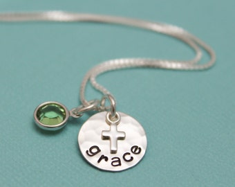 SALE Personalized Cross Necklace, Confirmation Necklace, First Communion Necklace, Cross Jewelry, Gifts for Girls, Hand Stamped