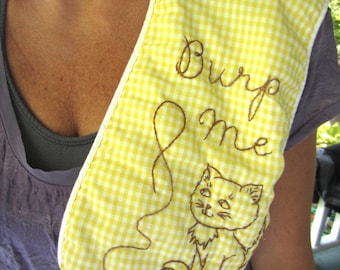 Vintage Burp Me Embroidered Yellow Gingham Burp Cloth Kitty