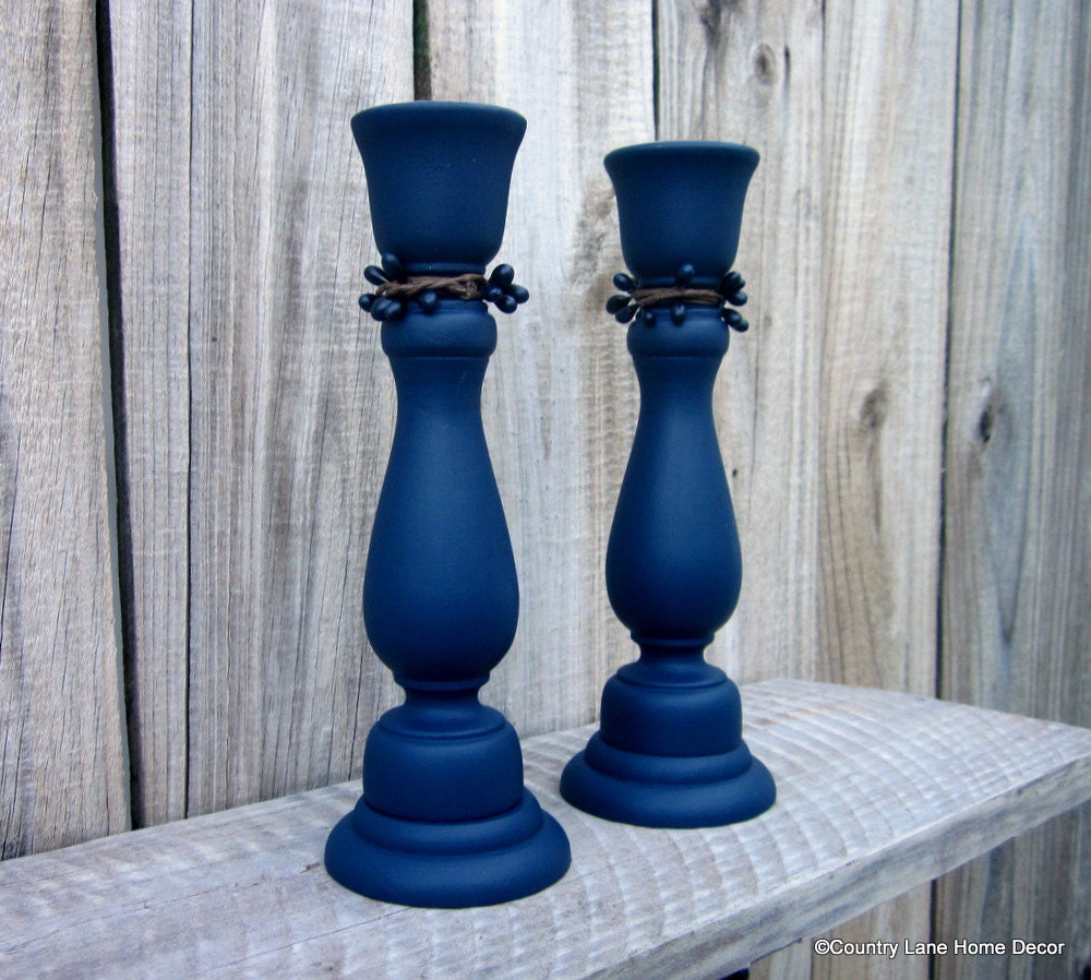 Candle Sticks Taper Holders Pair Navy Blue Set of Two