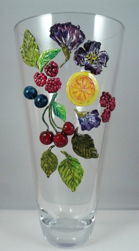 Items similar to Unique Glass Vase with Hand Sculpted and Painted