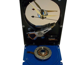 Computer Hard Drive Clock--from Recycled Computer, Enamel Blue Base.