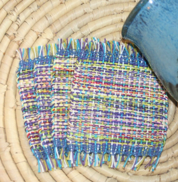 Multi Color Woven Coasters Set of 4 Eco Friendly Mug Rugs