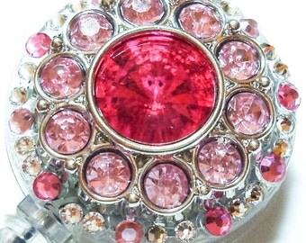Magenta and Light Pink Rhinestone and Swarovski Crystal Embellished ID Badge Reel