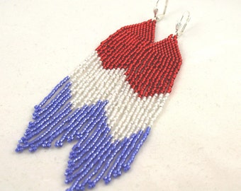 Long Beaded Fringe Earrings . Patriotic USA Jewelry . Red, White and Blue . Seed Bead Earrings . Beaded Earrings