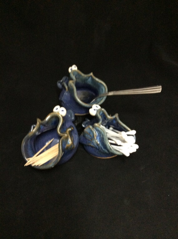 Fish toothpick holder/ Handmade/ Deep Sea Blue by PalmsUpPottery