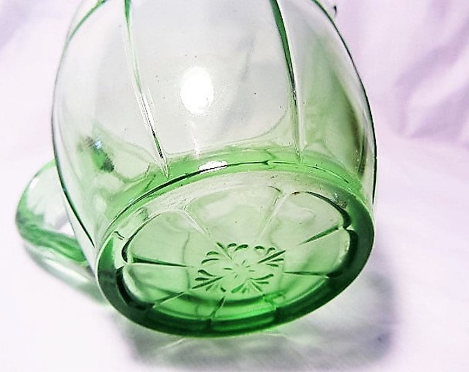 Green Glass Depression Glass Fat Pitcher, 5 inch Green Pitche, Vaseline Glass Pitcher, Green Glass Floral Pattern Pitcher, FREE SHIPPING