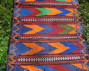 Long Runner, hand woven Rug/Kilim 8 ft 7 x 2 ft 3" Handspun wool. Tapis. Bright colours,
