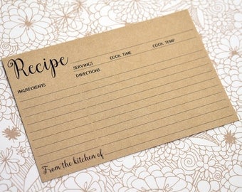 Kraft Recipe Cards - 4x6 Printed Light Brown Recipe Card - Rustic Wedding Favors, Housewarming Gift, Mom Gift, Bridal Shower Recipe Cards