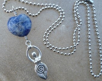 Sodalite Heart Goddess Pendant Sacred Pregnancy Gift New Mom Gift Blue Gemstone Heart Doula Gift Midwife Gift Pewter Goddess Necklace