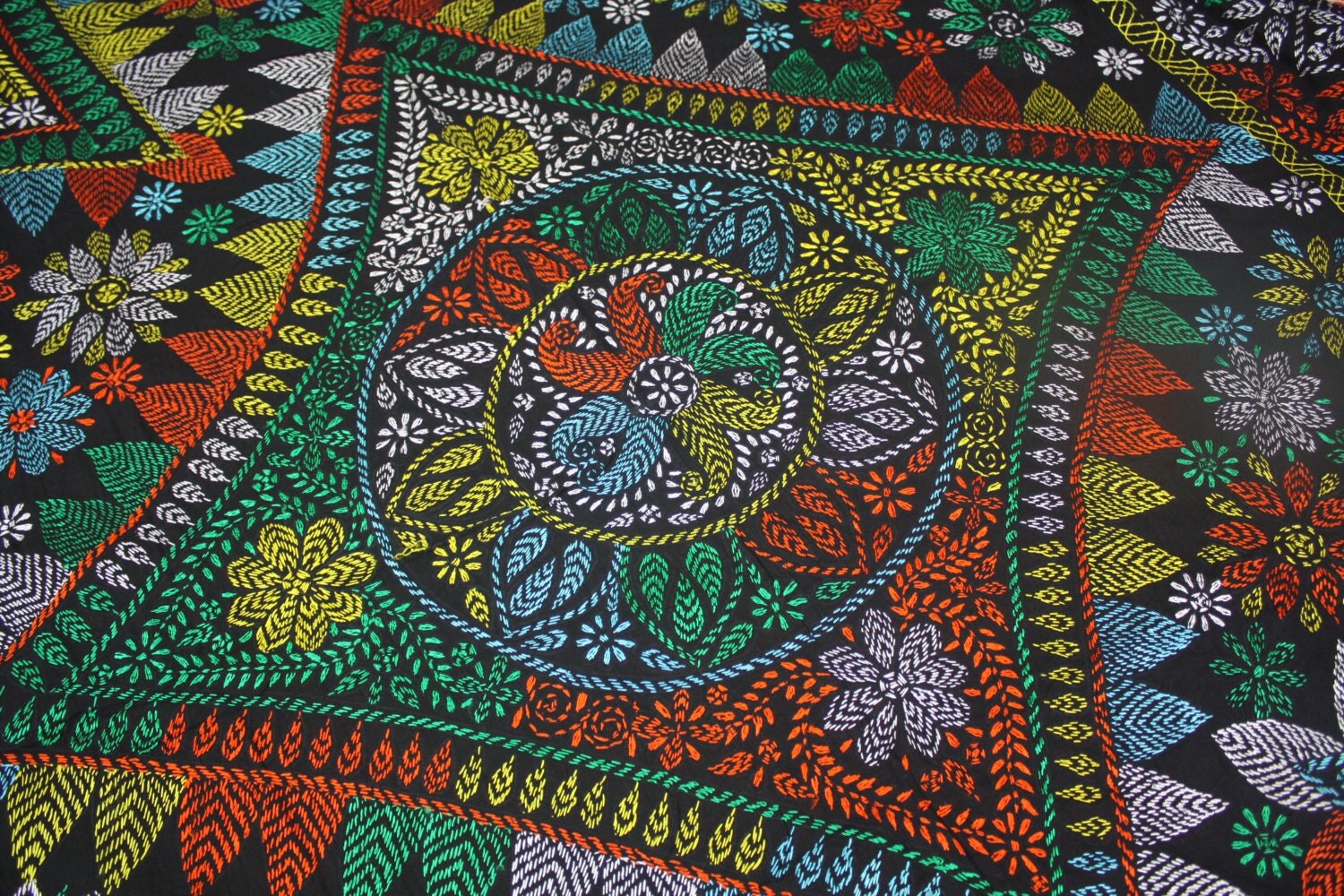 South Asian Folk Art Handmade Needlepoint Cotton Quilt Nakshi
