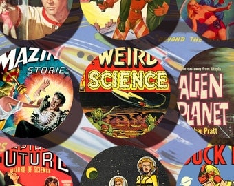 vintage Science Fiction 2.5 inch circles Instant Download Sci Fi digital collage sheet printable pulp fiction n071