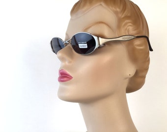 Vintage 90s YSL Oval Sunglasses, Silver Metal, Charcoal Lens, Yves Saint Laurent, Model 6048, Deadstock, Made in Italy, Sharp Chic!