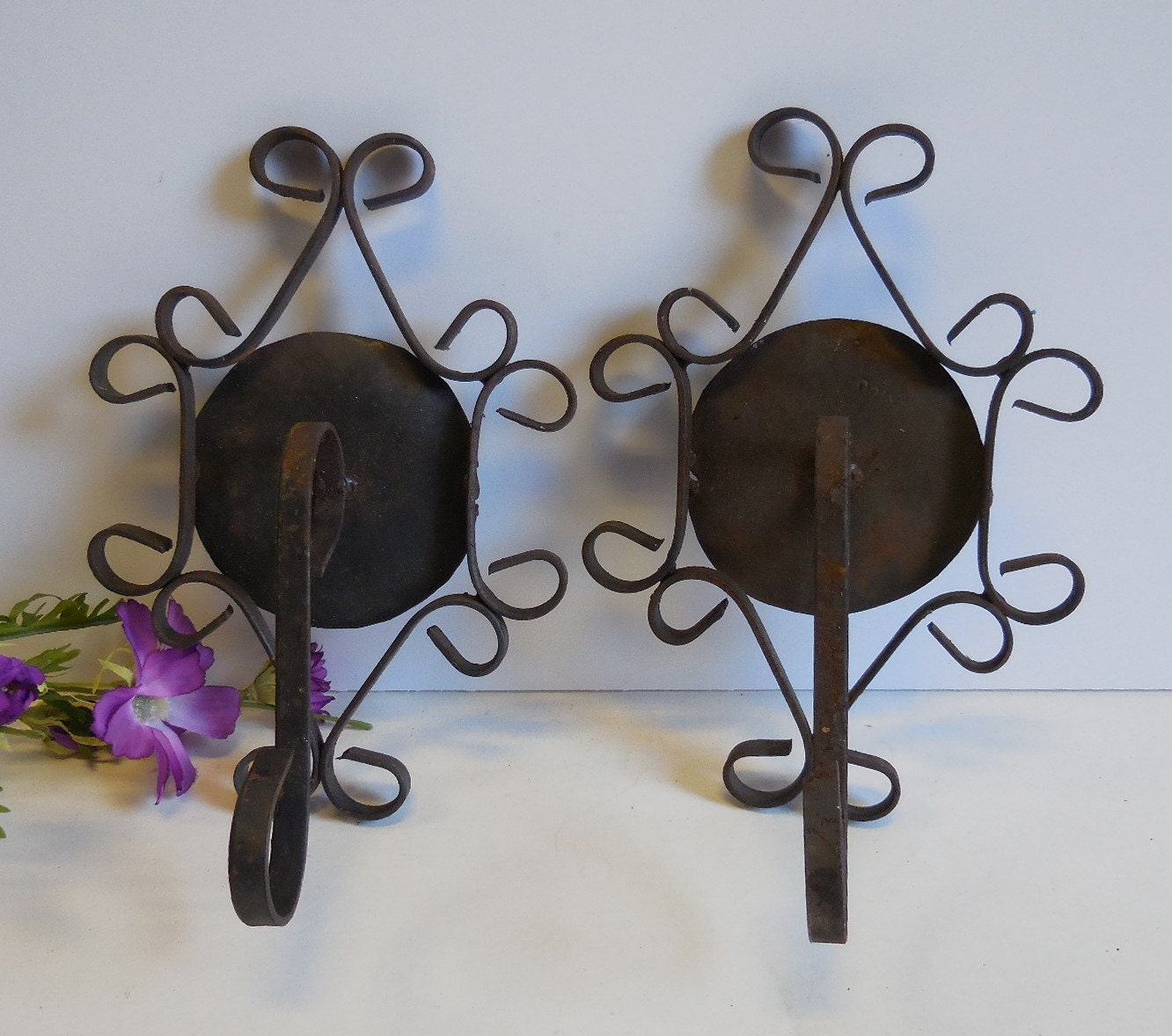 Two vintage Plant hooks Wrought iron Wall mount hangers