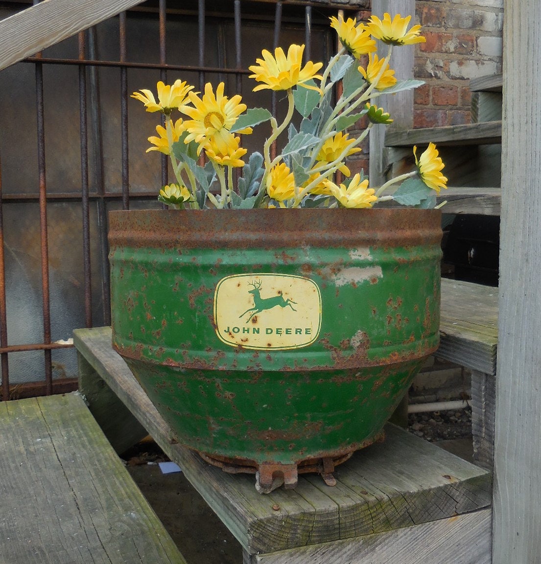 Vintage John Deere planter bucket Corn spreader Rustic