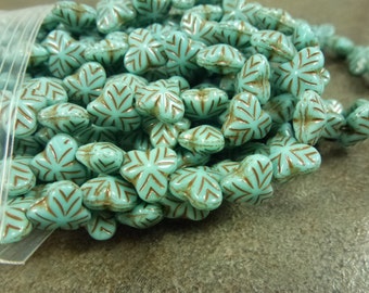 Turquoise/Brown Inlay Berry Leaves Czech Glass 9mm 25pc