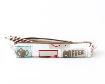 Coffee and Tea Print Small Pencil Case, White Polka Dots, Cotton Zipper Pouch, Small Cosmetic Case