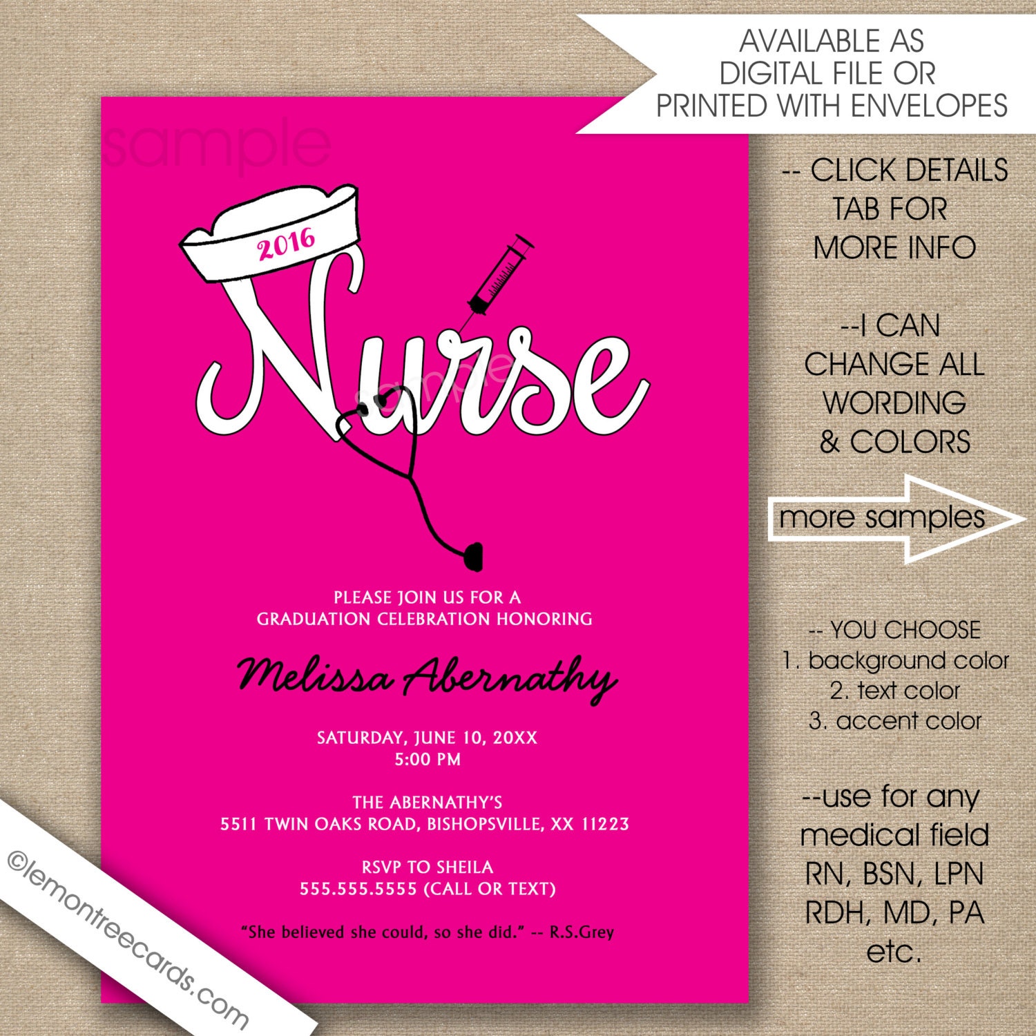 Nurse Pinning Ceremony Invitations ANY COLOR digital or