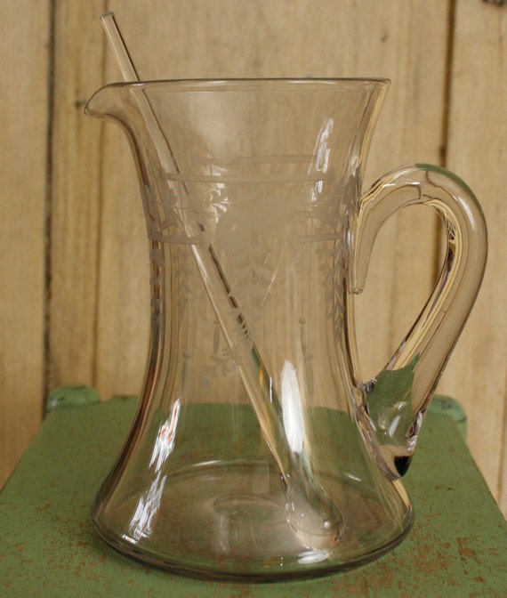 Antique Edwardian Etched Glass Pitcher Floral By Vandyleevintage 3003