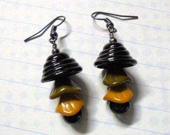 Black, Olive Green and Mustard Yellow Flower Earrings (2561)