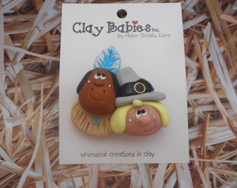 FREE SHIPPING! Polymer Clay Pilgrim and Indian Thanksgiving PIN