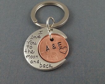 I Love You To The Moon And Back Keychain with Stamped penny - husband, wife - Boyfriend, girlfriend - Anniversary gift, Couples Gifts