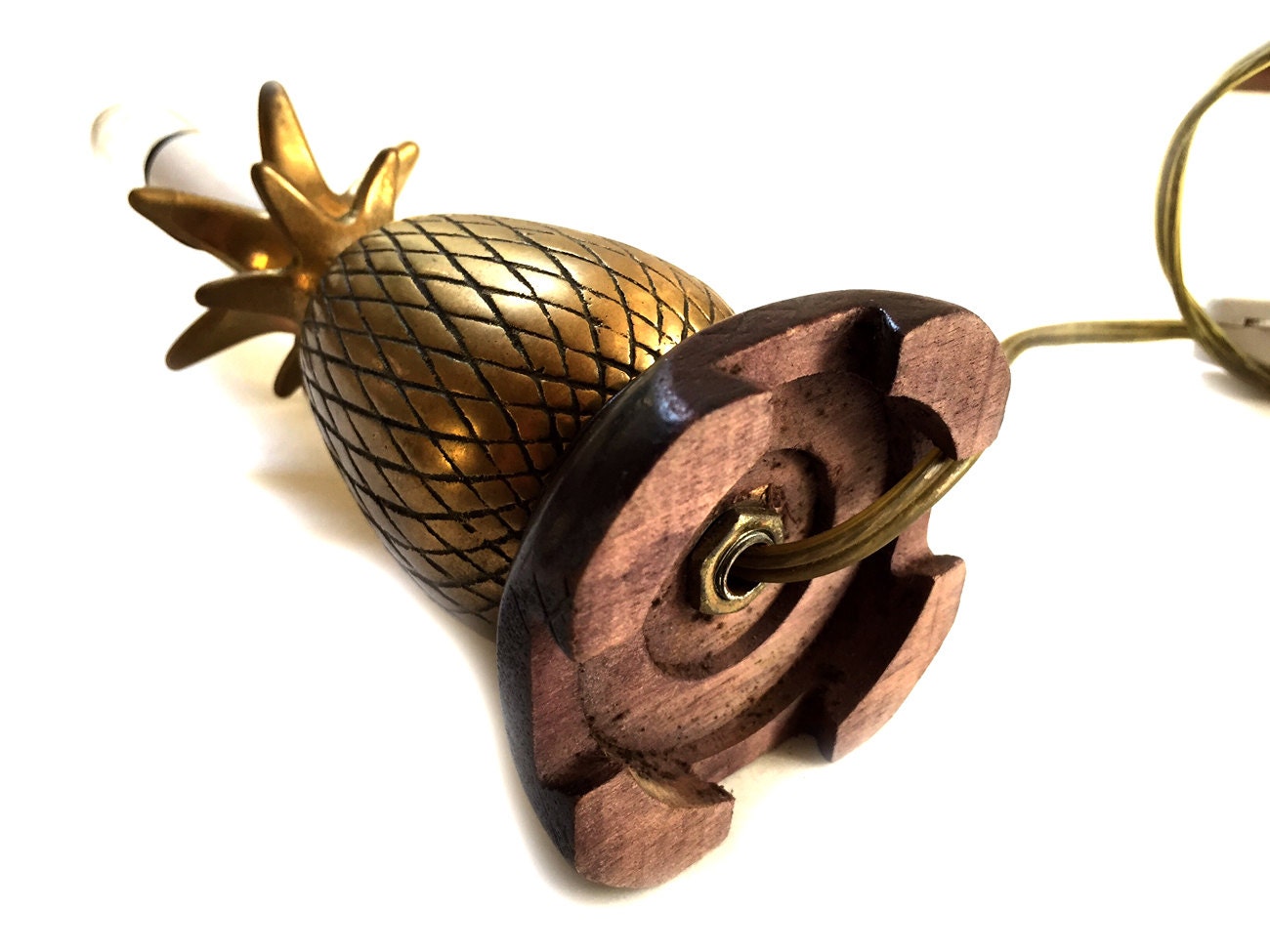 Small Brass Pineapple Lamp with Wooden Base Hollywood Regency