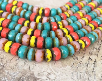 7mm x 5mm Czech Glass Picasso Bead Spacer Rondelle (25) Faceted Puffy Donut - Red Yellow Turquoise - Bohemian Summer - Central Coast Charms