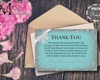 Teal and White bow Baby Shower Thank you cards baby shower