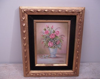 vintage oil painting / framed floral / original / still life