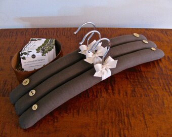Padded Hangers, Covered Hangers, Handmade Hangers, Coffee Wool Hangers, Bone Buttons, Organic, Hostess Gifts, Padded Hanger Set