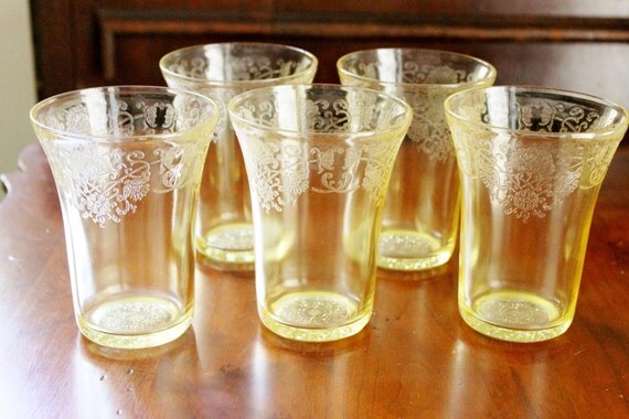 Yellow Depression Glass Five Tumblers Hazel Atlas Florentine