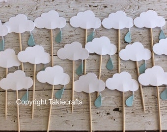 12 Cloud Baby Shower Cupcake Toppers- raindrop Cloud Cupcake Toppers - Food Picks