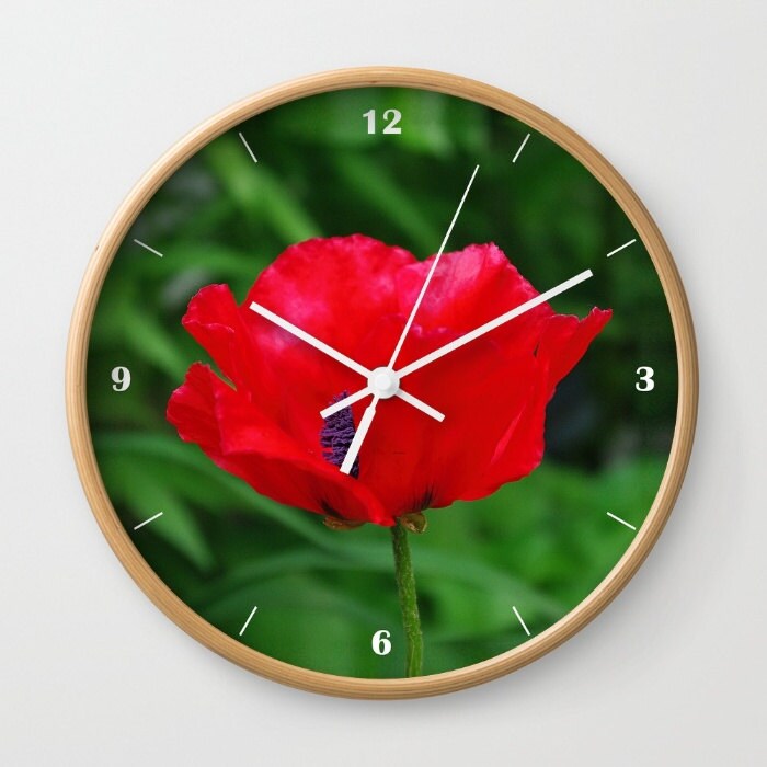 Floral wall clock Red oriental poppy flowers gardener