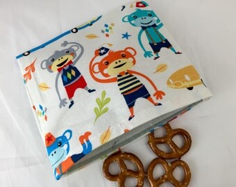 Reusable Snack Bag - Reusable Baggie - Monkey Snack Bag - Fabric Snack Bag - Reusable Fabric Snack Bag - Monkey Moves Blue
