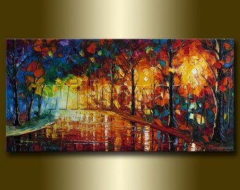 Landscape Painting Oil on Canvas Rainy Night Textured Palette Knife Contemporary Original Modern Art 20X40 by Willson Lau