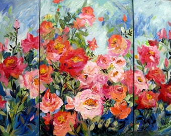 Large Garden tryptich Original Painting 36 x 48 Fine Art by Elaine Cory