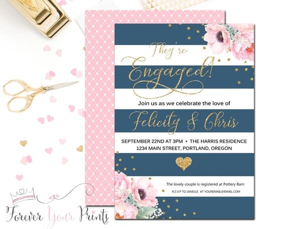 Engagement Party Invitation - Bridal Shower Invitation - Engagement Invitation - Wedding Shower Invitation - Blue & Gold Bridal Shower Il_570xn