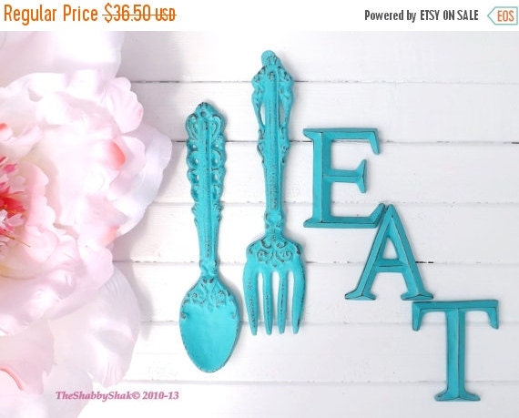  Kitchen  Wall  Decor  Aqua Fork and Spoon Decor  EAT Sign 