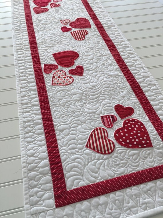 Valentine Quilted Table Runner with Appliqued Hearts in Red