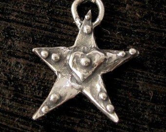 Artisan Star Charms - 2 Sterling Silver Handcrafted Dotted Stars with Heart Center AP35