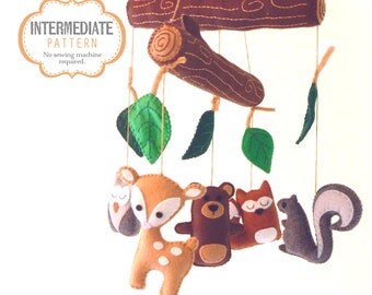 Woodland Mobile Sewing Pattern, DIY Woodland Nursery Mobile, Hand Sewing Pattern, Felt Woodland Baby Mobile, Nursery Decor