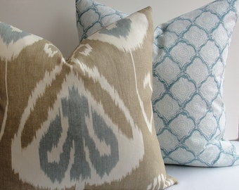 Decorative pillow cover by Kravet-Bansuri Bramble-both sides or front only-designer throw pillow-khaki- taupe-aqua blue-