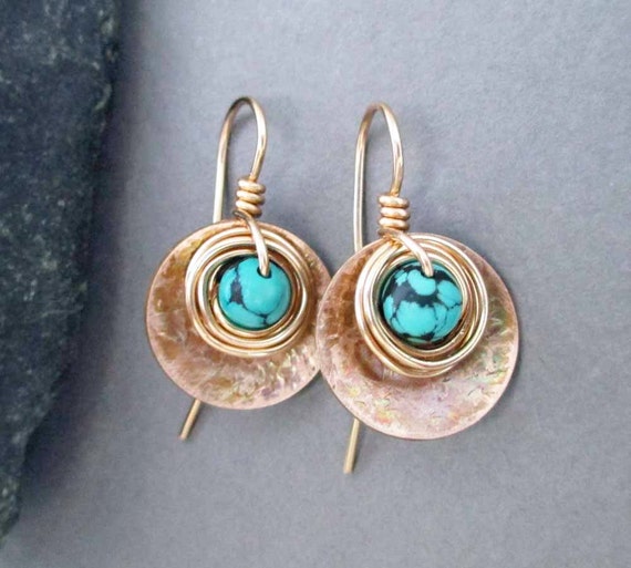 Genuine Turquoise Drop Earrings Bronze 14k Gold by SeventhWillow