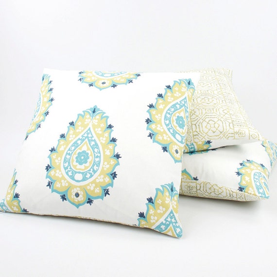 Yellow and Blue Reversible Pillow Cover by ChloeandOliveDotCom