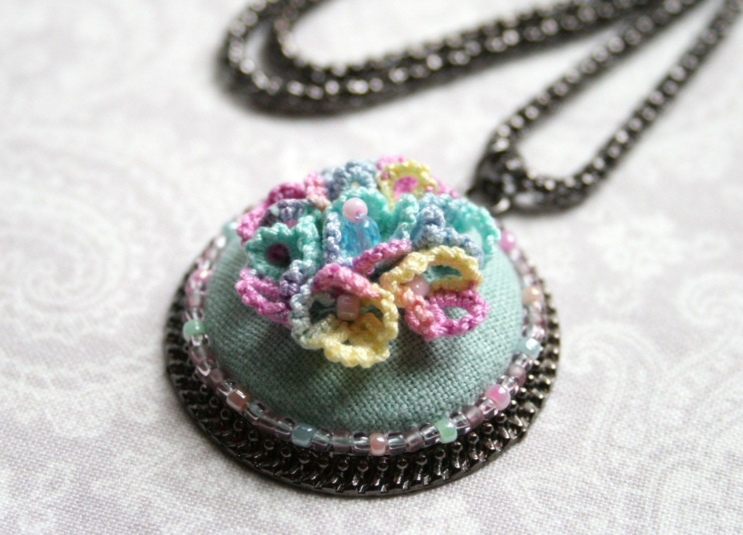 Blue Flower Tatting Lace Beaded Pendant