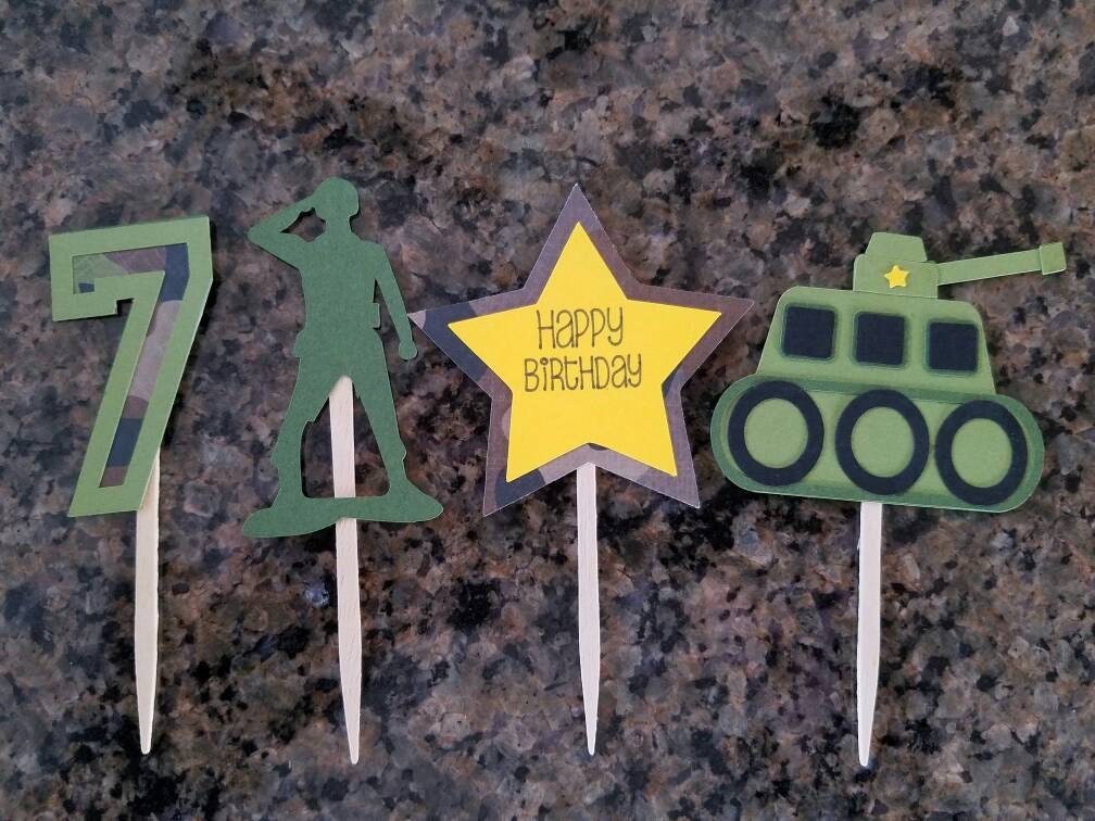 Camouflage Birthday Cupcake Toppers army men set of 12 diecut