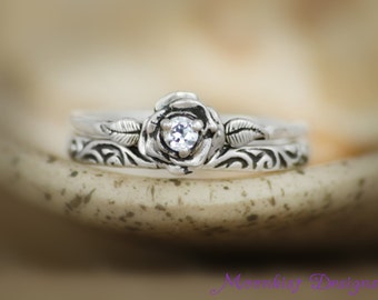 Delicate White Sapphire Rose Engagement Ring Set with Swirl Pattern Band in Sterling - Silver Floral Rose Diamond Alternative Wedding Set