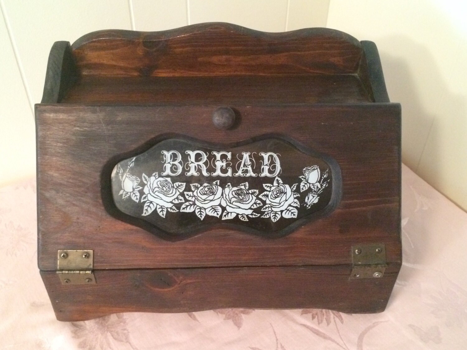 Retro 40s Rustic Wooden Bread Box With Glass Detail In Center