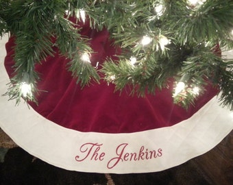 Personalized Christmas Tree Skirt. Traditional Red or Burgundy Velvet with Ivory or White Quilted Trim Christmas Tree Skirt. Free monogram.